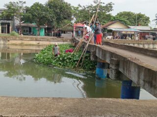 Kades Cirejag Kerja Bakti Bareng Warga Angkat Sampah Dan Eceng Gondok di Irigasi.